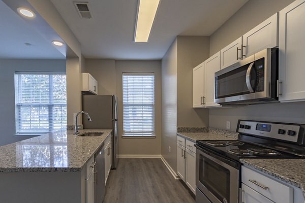 Modern kitchen with stainless steel appliances and granite countertops at Nav850 Apartments