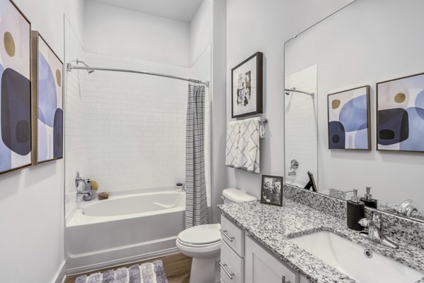 Modern bathroom with sleek fixtures at The Mason Apartments, Six Mile Creek