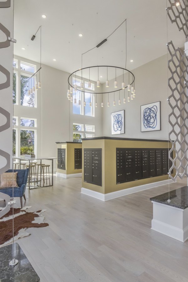 Modern mail room with parcel lockers at The Mason at Six Mile Creek Apartments
