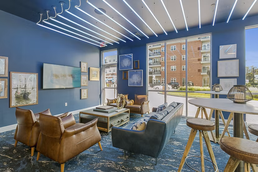 Clubhouse featuring modern design and social spaces at Harbor Landing Apartments