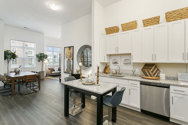 Modern kitchen with stainless steel appliances at Harbor Landing Apartments Stylish design enhances luxury living experience