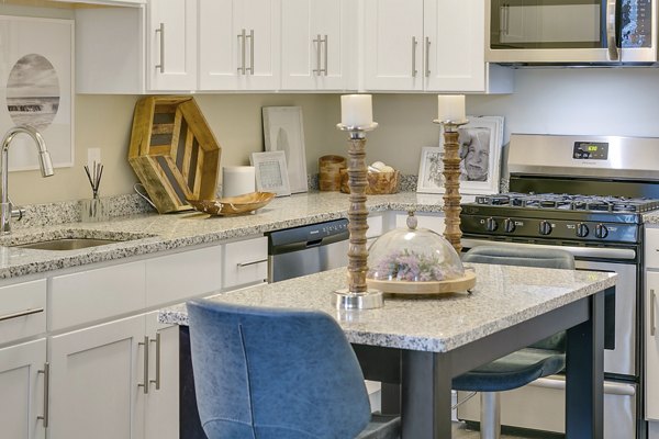 Modern kitchen with stainless steel appliances at Harbor Landing Apartments, Greystar community