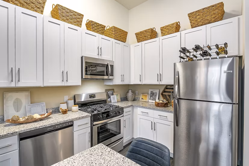Kitchen featuring sleek appliances and elegant countertops in Harbor Landing Apartments