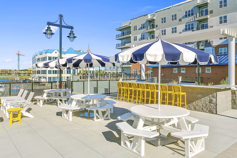 Rooftop deck offering stunning waterfront views at Harbor Landing Apartments