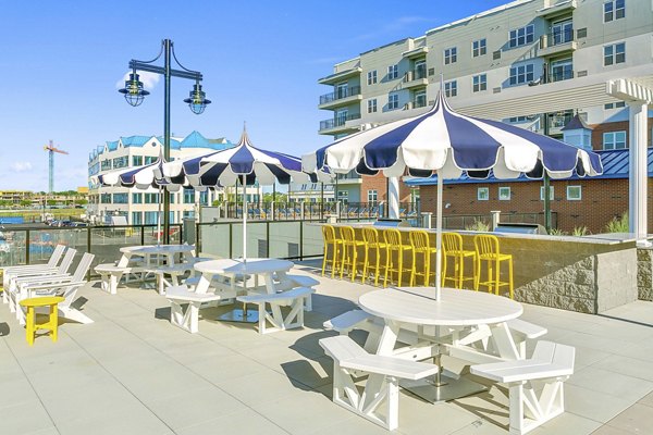 Rooftop deck offering stunning waterfront views at Harbor Landing Apartments