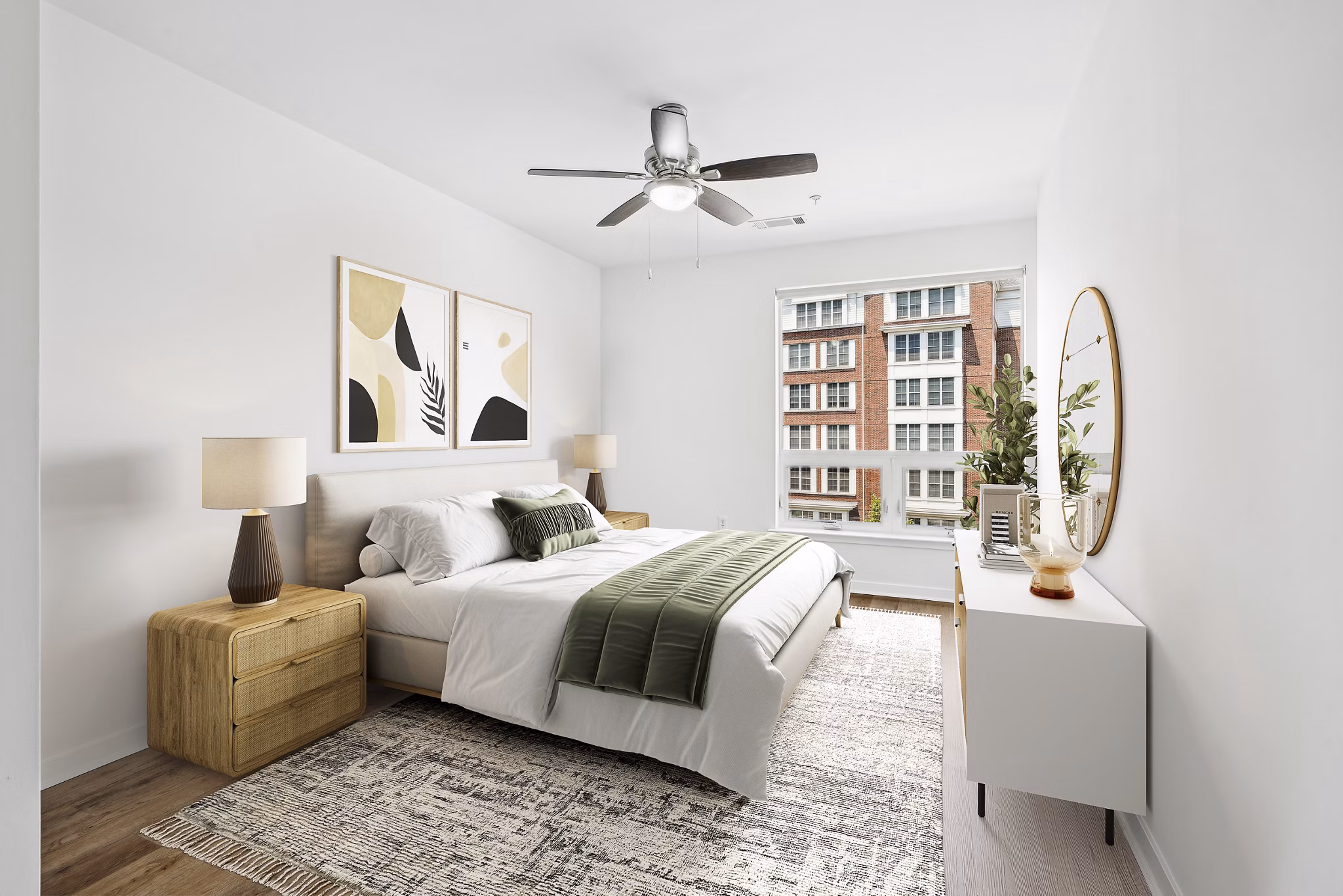 Bedroom with modern decor and ample natural light at 75 Tresser Apartments, luxury living in downtown Stamford