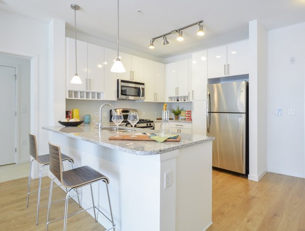 Modern kitchen featuring stainless steel appliances and granite countertops in 75 Tresser Apartments