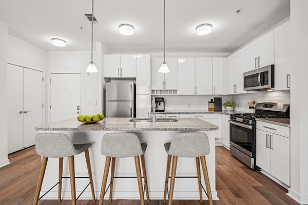 Contemporary kitchen with stainless steel appliances at 75 Tresser Apartments in Stamford, offering luxury living features