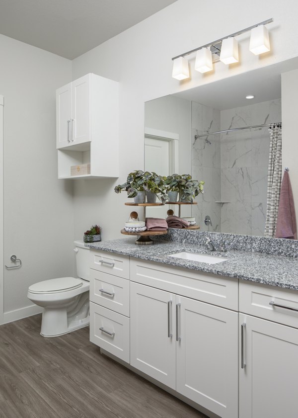 Stylish bathroom with modern fixtures at Prose Solaire Apartments