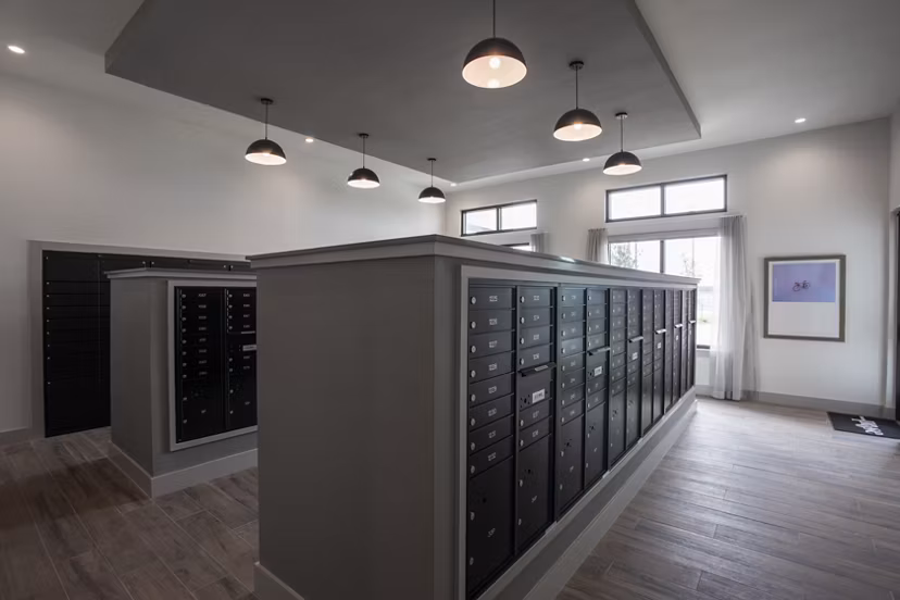 Modern mail room with secure parcel lockers at Prose Solaire Apartments