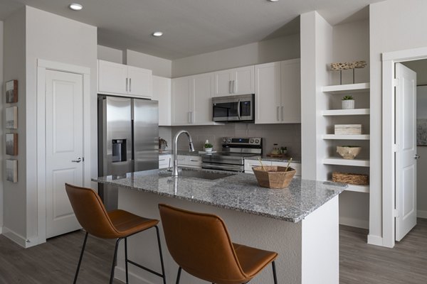 Modern kitchen with stainless steel appliances in Prose Solaire Apartments