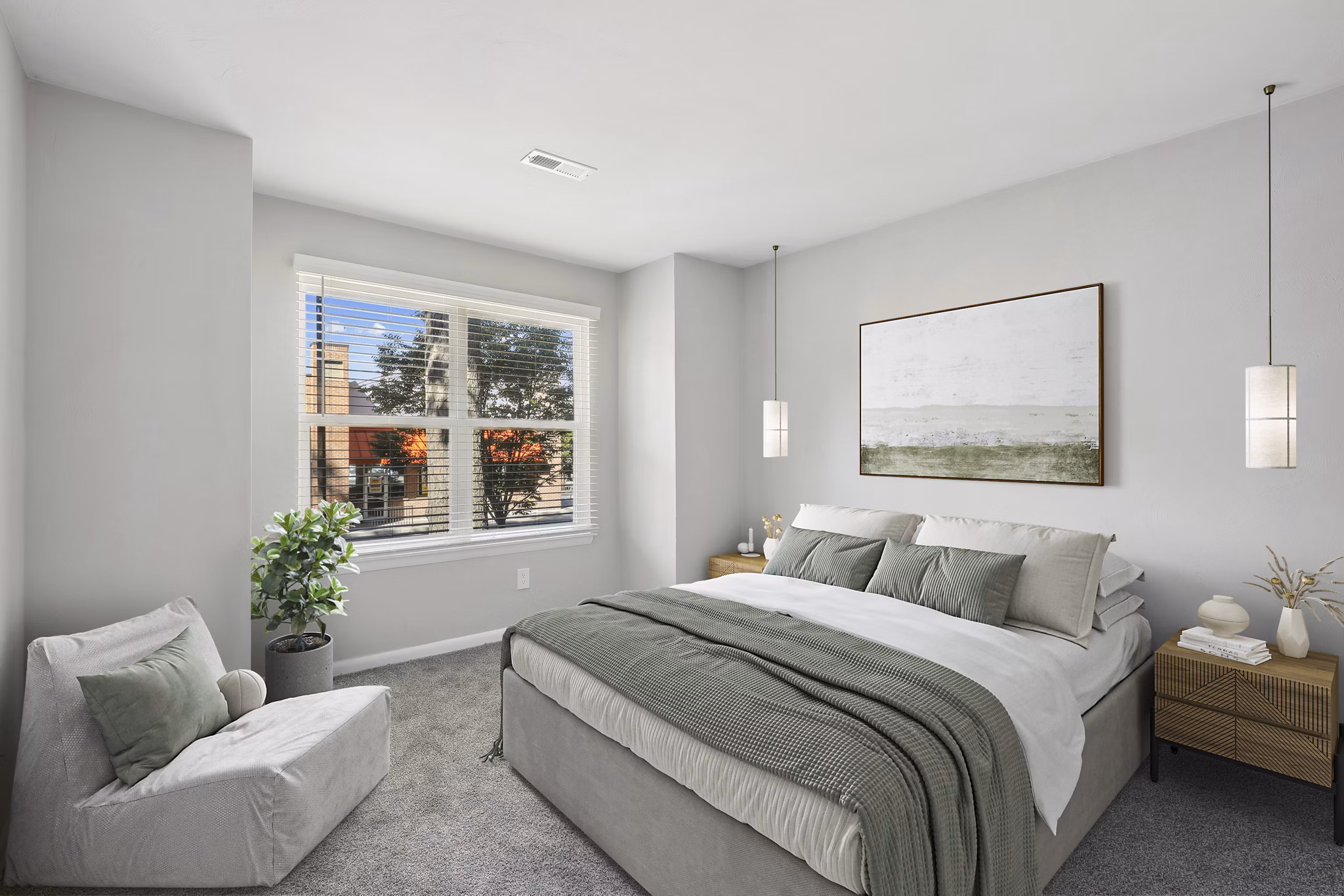 Stylish bedroom with contemporary design at Luna Pointe Apartments