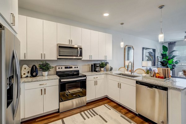 Modern kitchen with stainless steel appliances at Encore Novo Apartments, offering luxury living spaces in urban settings