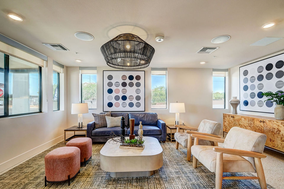 Stylish living room with modern furniture at Encore Novo Apartments, luxury residences by Greystar