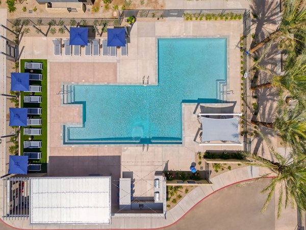 Resort-style pool with loungers at Encore Novo Apartments, luxury living by Greystar