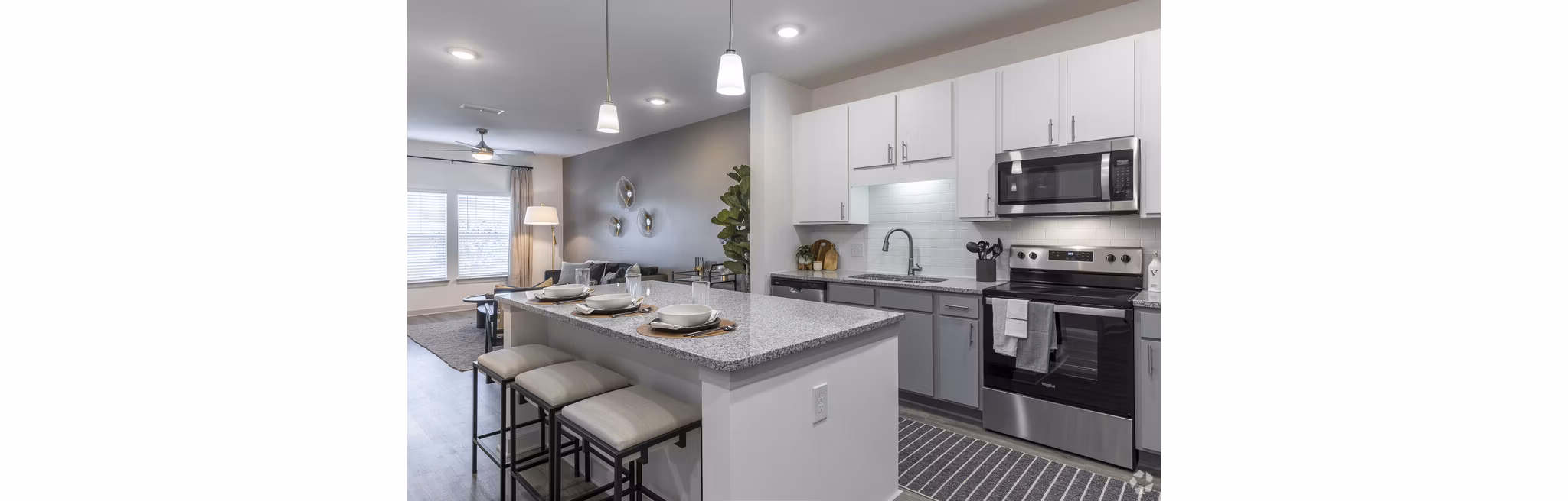 Modern kitchen with stainless steel appliances at Advenir at Walker's Ridge Apartments luxury community
