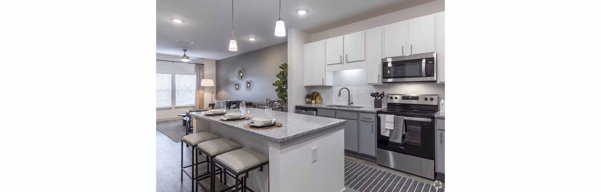 Modern kitchen with stainless steel appliances at Advenir at Walker's Ridge Apartments luxury community