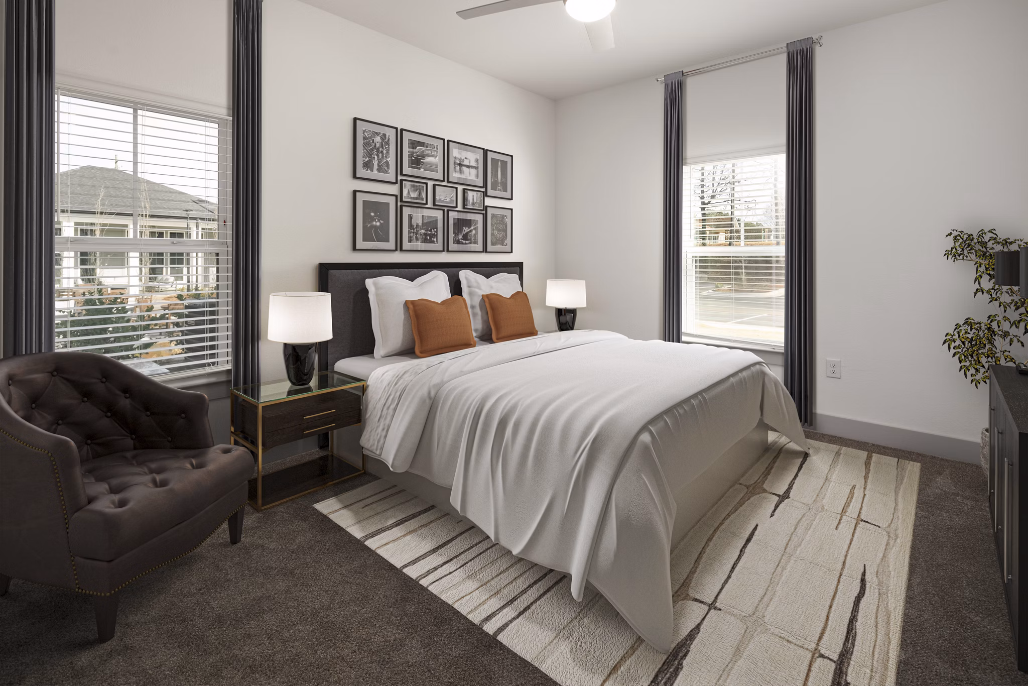 Stylish bedroom with modern decor at Arden Apartments, offering luxury living in a serene setting