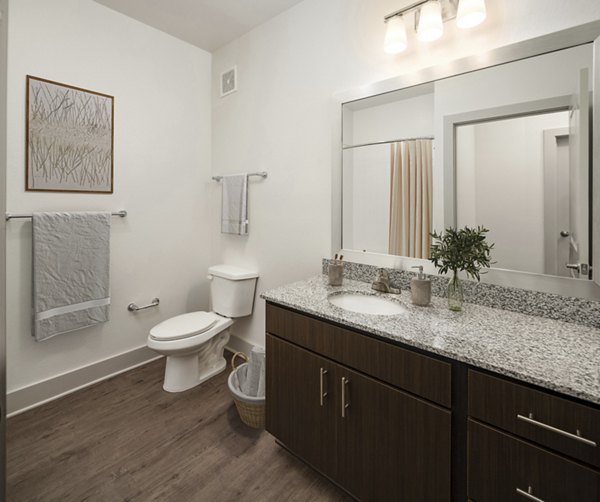 Sleek bathroom with modern fixtures and white marble countertop at Arden Apartments luxury residence