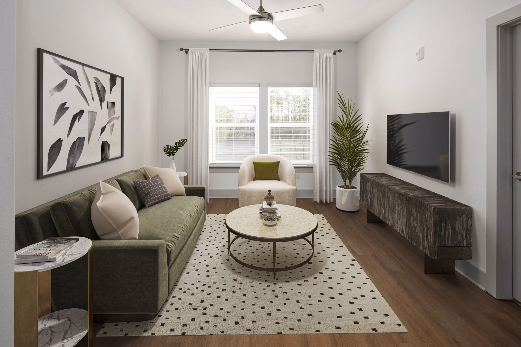 Contemporary living room with modern decor at Arden Apartments, luxury living with spacious interior design and ample natural light