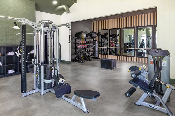 State-of-the-art fitness center with modern equipment at Milo Apartments offering luxury living