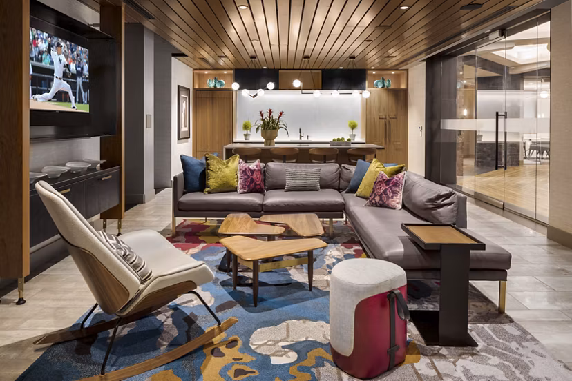 Spacious clubhouse featuring modern design and co-working spaces at The Octagon Apartments