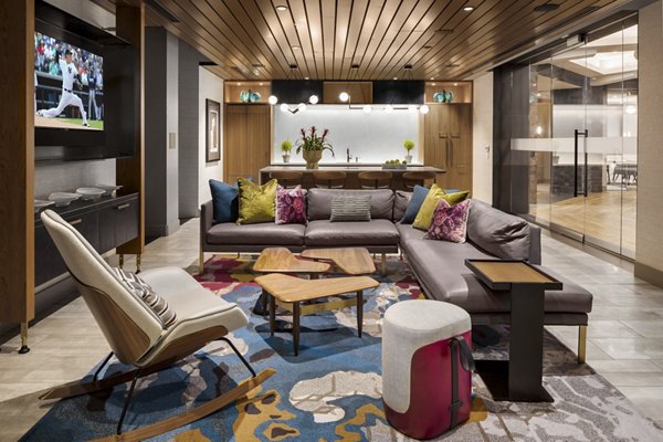 Spacious clubhouse featuring modern design and co-working spaces at The Octagon Apartments