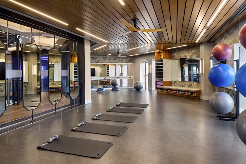 Yoga studio with state-of-the-art equipment at The Octagon Apartments, Greystar luxury living in city center