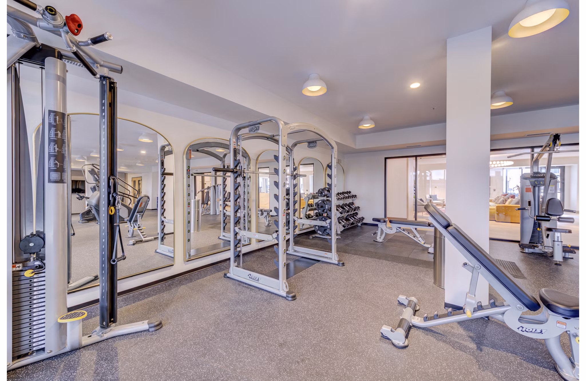 Fitness center featuring state-of-the-art equipment at The James Apartments