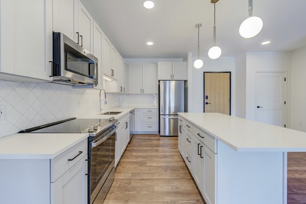 Modern kitchen with stainless steel appliances and marble countertops at The James Apartments