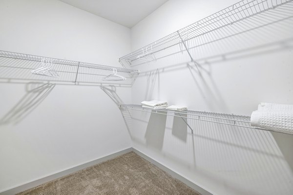 Walk-in bedroom closet with built-in shelving at Arlow at Blue Ridge Apartments