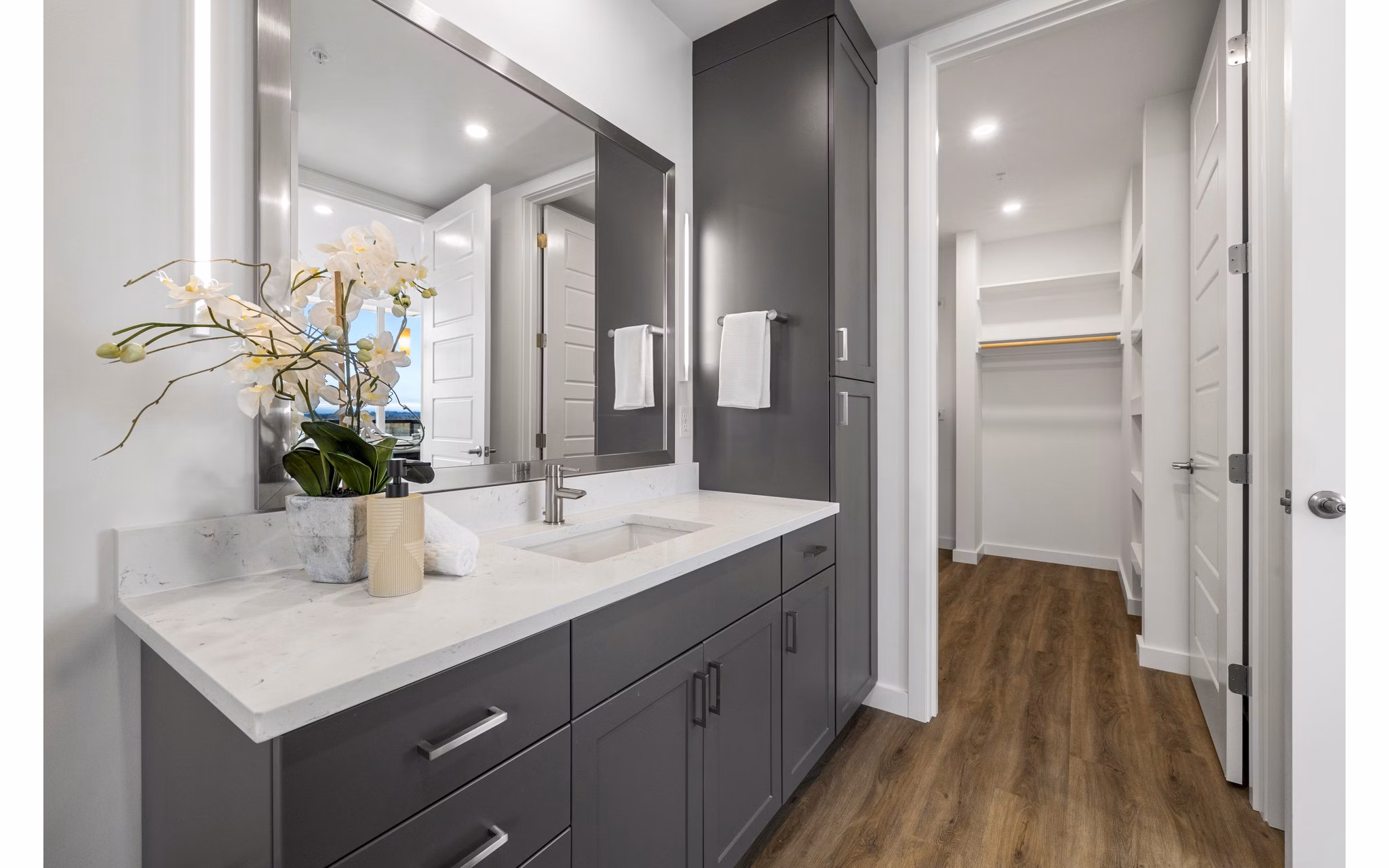 Modern bathroom with spacious closet in Willamette Tower Apartments