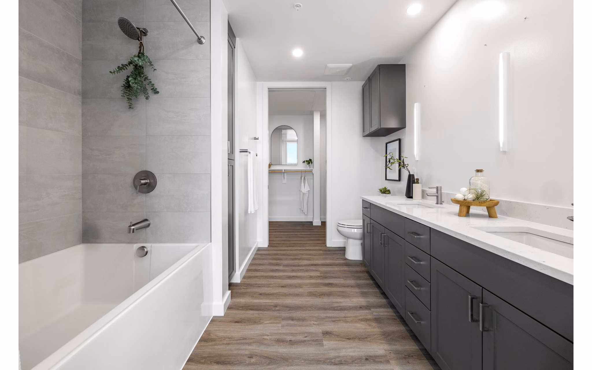 Modern bathroom with sleek fixtures at Willamette Tower Apartments, a luxury living space by Greystar