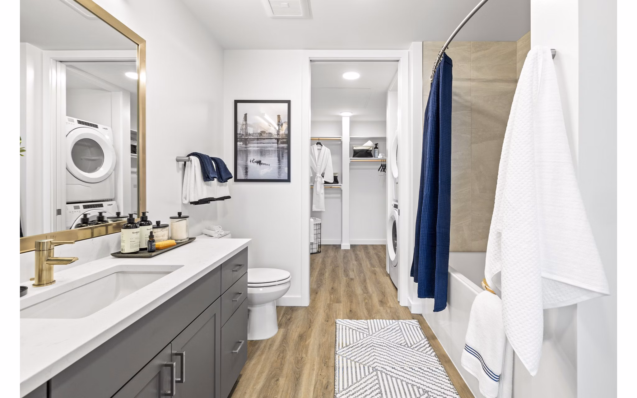 Spacious bathroom with modern fixtures at Willamette Tower Apartments, a luxury Greystar property