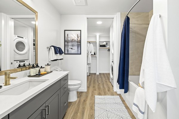 Spacious bathroom with modern fixtures at Willamette Tower Apartments, a luxury Greystar property