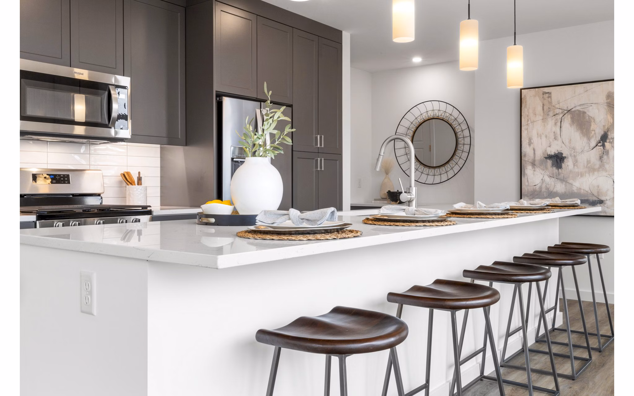 Modern kitchen with stainless steel appliances at Willamette Tower Apartments