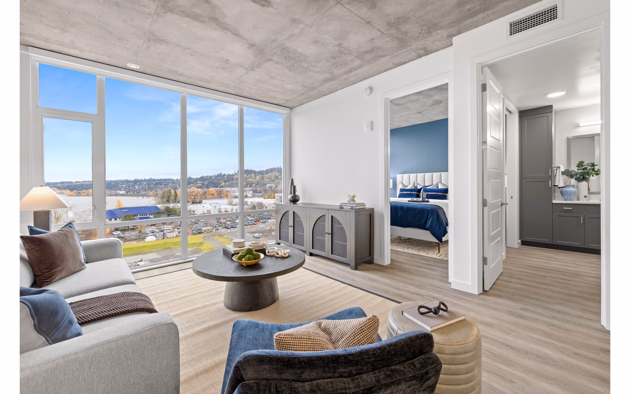 Modern living room with stylish furnishings at Willamette Tower Apartments