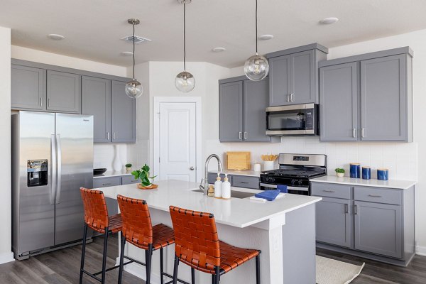 Modern kitchen featuring stainless steel appliances at Caso University Heights Apartments, perfect for luxury living
