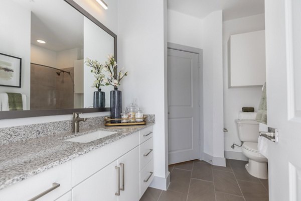 Elegant bathroom with marble countertops and contemporary fixtures at The Madison at City Place Apartments