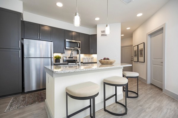 Modern kitchen with stainless steel appliances at The Madison at City Place Apartments