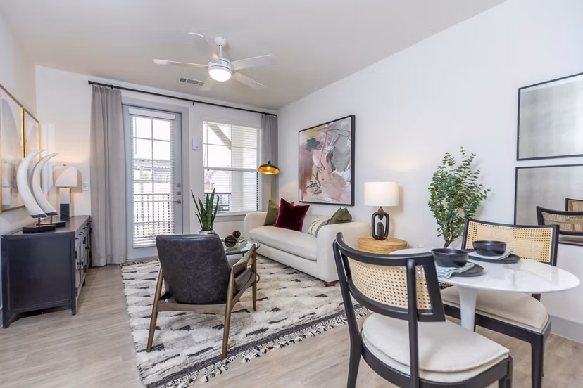 Modern living room with sleek furniture in The Madison at City Place Apartments