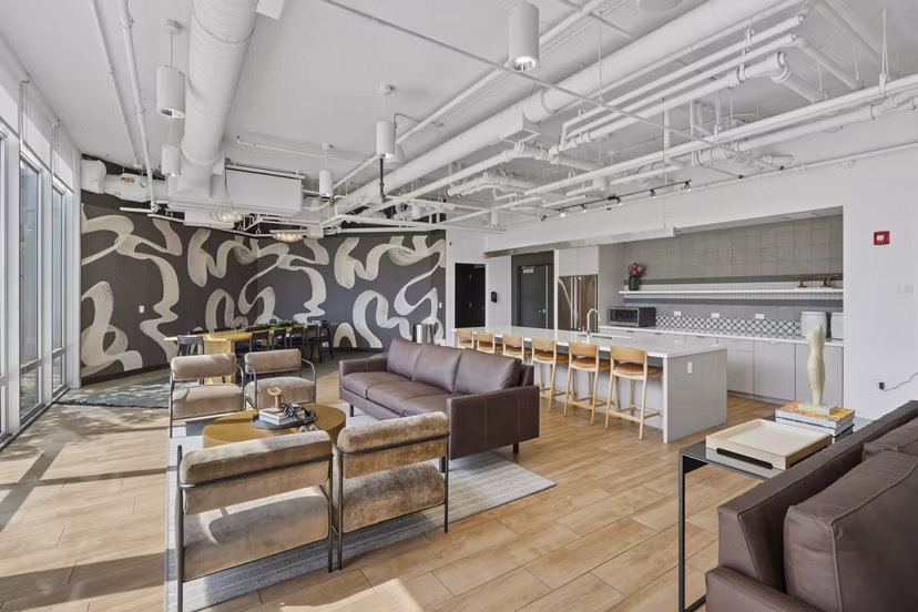 Elegant clubhouse featuring modern design and comfortable seating at Spoke Apartments