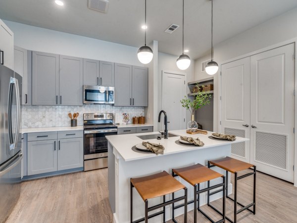 The Met Apartments: Modern kitchen featuring stainless steel appliances and elegant cabinetry
