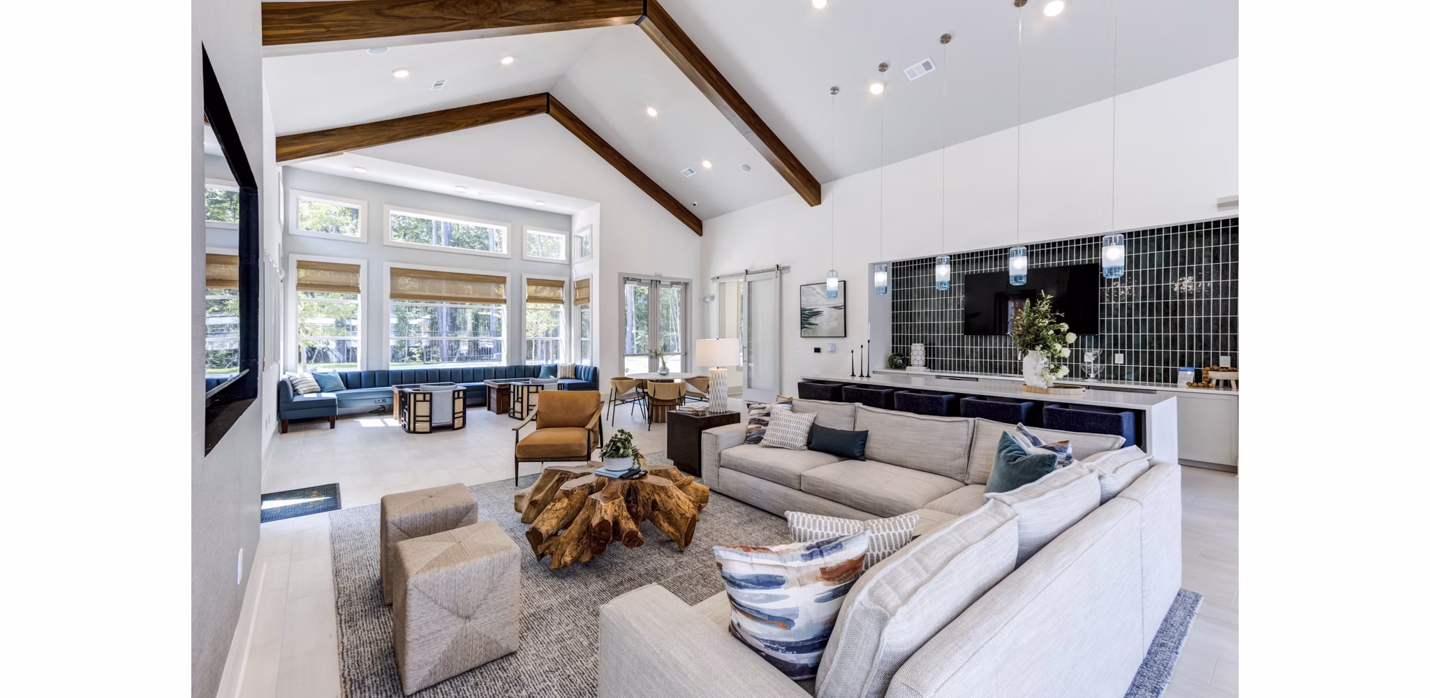 Clubhouse with modern seating and pool table at Marion Lake Apartments, perfect for social gatherings and recreational activities