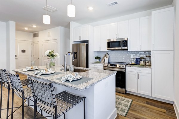 Modern kitchen with stainless steel appliances at Marion Lake Apartments: luxury living space in a premium Greystar community