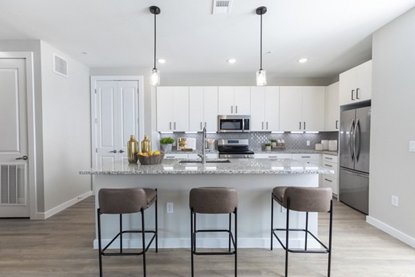 Modern kitchen with stainless steel appliances and sleek countertops in Eleve Apartments
