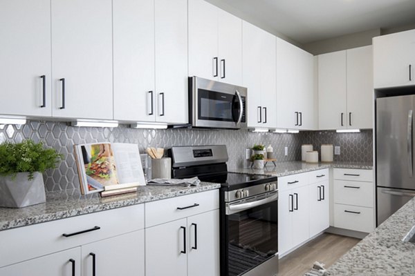 Modern kitchen featuring stainless steel appliances and sleek countertops at Eleve Apartments in downtown Seattle