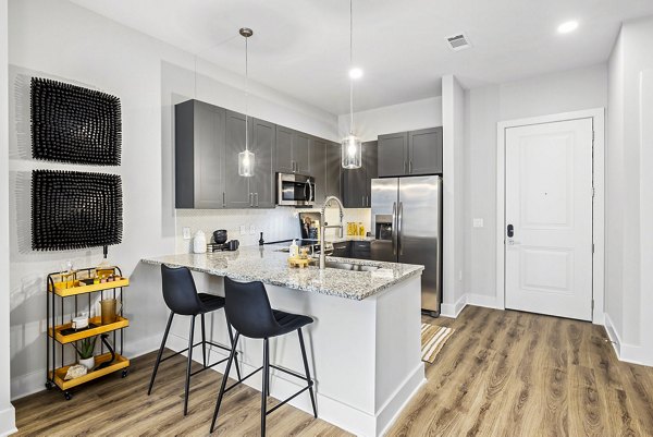 Modern kitchen featuring sleek countertops and stainless steel appliances in The Keaton at Brier Creek Apartments