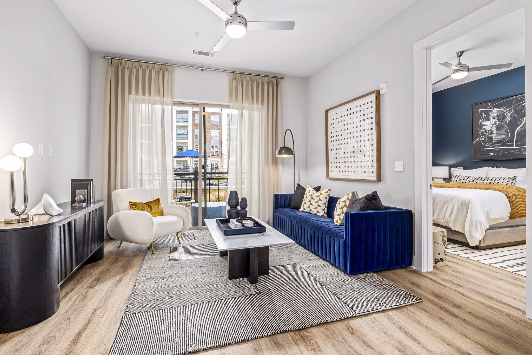 Modern living room with stylish furnishings at The Keaton at Brier Creek, Raleigh