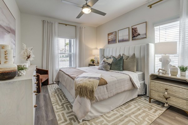 Cozy bedroom with modern decor at Alton Serenoa Apartments